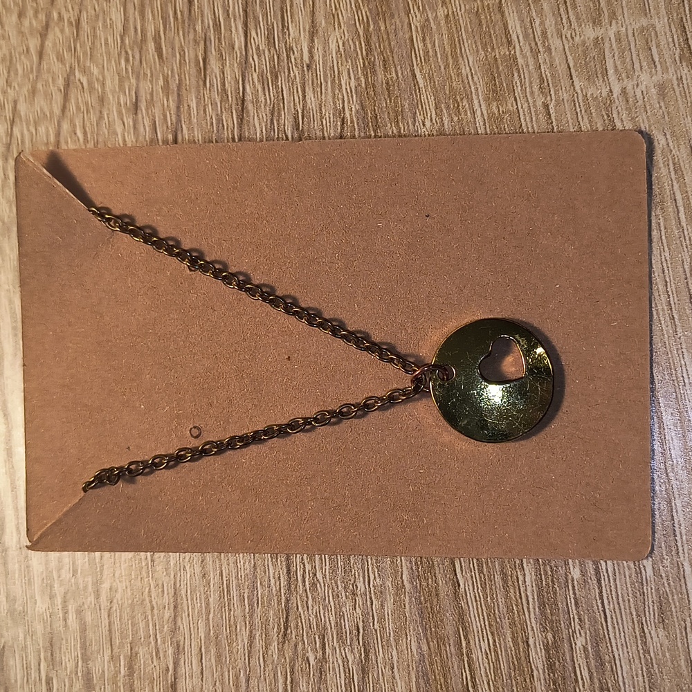 Gold-Tone Chain Necklace with Heart Cutout Disc Pendant - 11 In